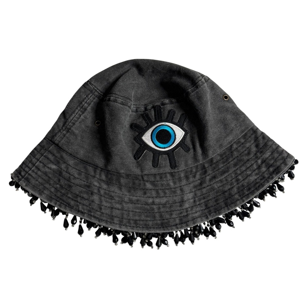 Evil Eye Embroidered Beaded Fringe Denim Bucket Hat Washed Black Boho Goth